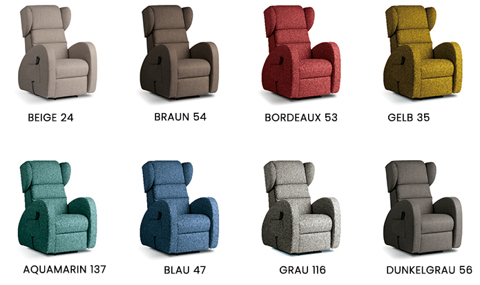 Farbkarte Stoff Mons mit acht Farbtönen: Beige 24, Braun 54, Bordeaux 53, Gelb 35, Aquamarin 137, Blau 47, Grau 116, Dunkelgrau 58