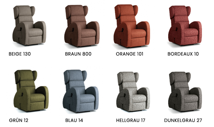 Farbkarte Stoff Raggio di Sole mit acht Farbtönen: Beige 130, Braun 800, Orange 101, Bordeaux 10, Grün 12, Blau 14, Hellgrau 17, Dunkelgrau 27